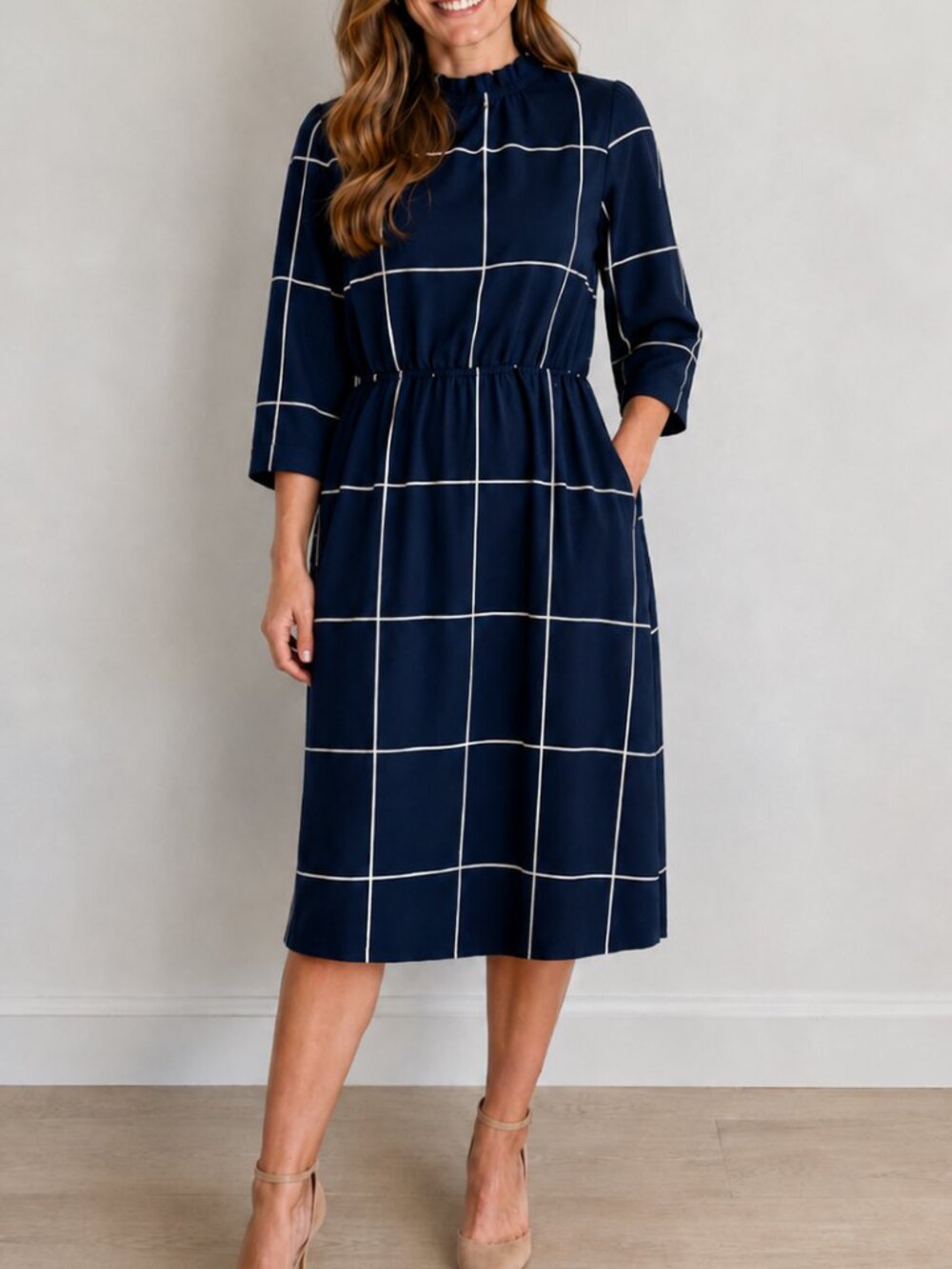 Navy Grid Print Dress Midi White Line Pattern
